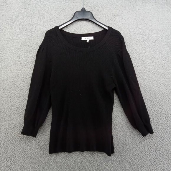 Milly Shirt Womens Large‎ Black Half Sleeve Cropped Ribbed Poof Pullover Sweater - Picture 1 of 8